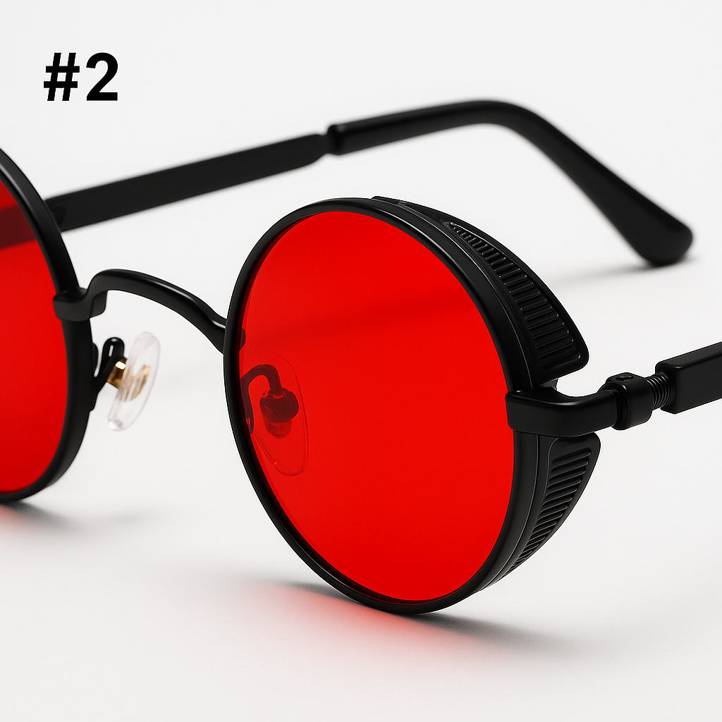 Red Riot Round Sunglasses – Steampunk Red Lens Statement Shades