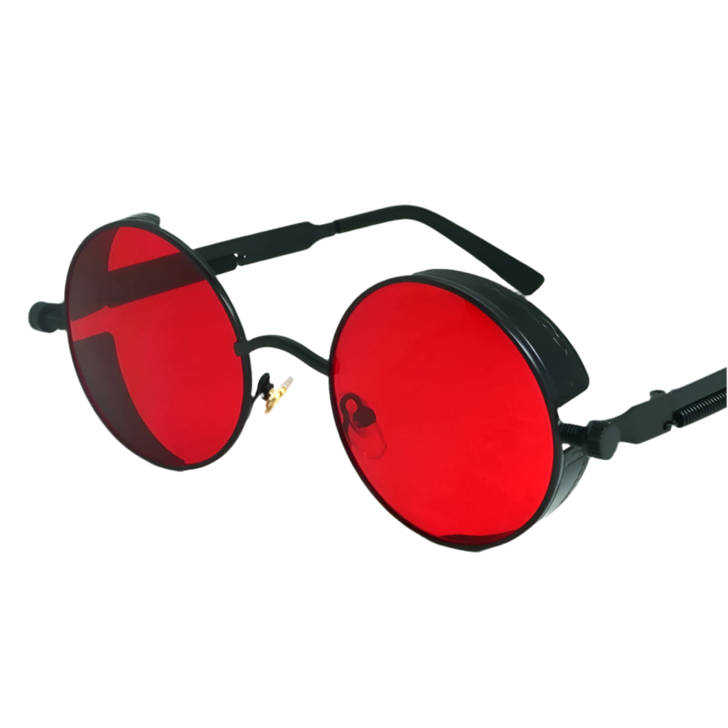 Red Riot Round Sunglasses – Steampunk Red Lens Statement Shades